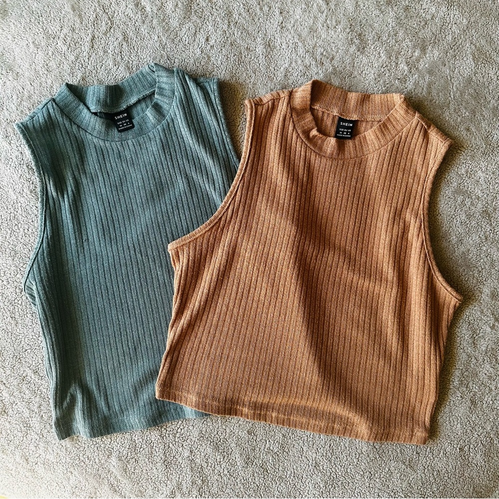 SHEIN Ribbed Cropped Tees - Teal and Tan - Size M